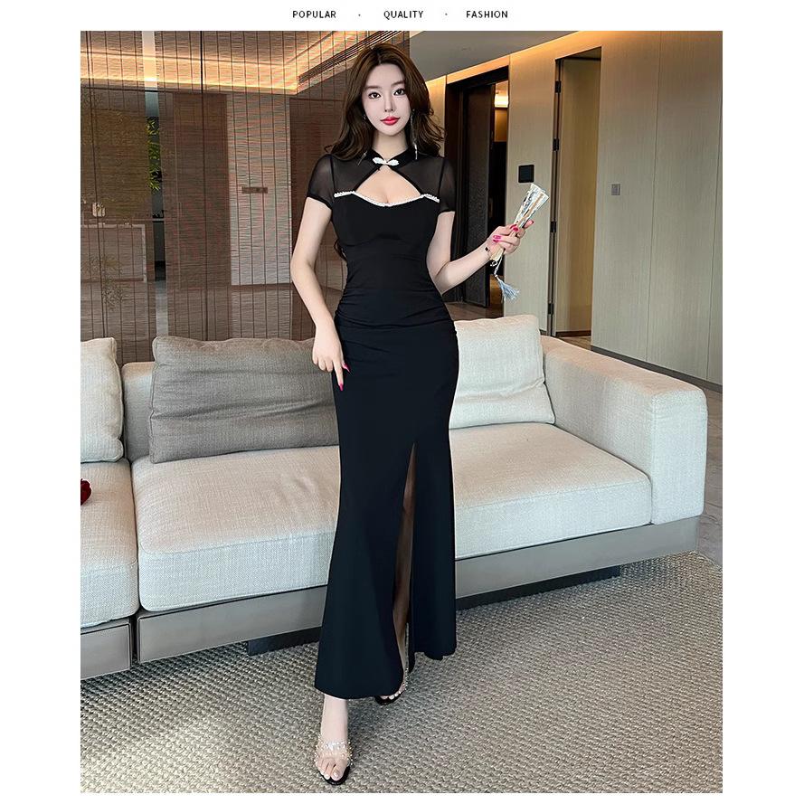 New split cheongsam long mesh splicing sexy low-cut short-sleeved slim-fitting hip-wrapped dress temperament work clothes