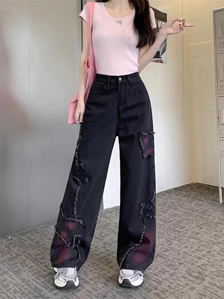 Jeans a vita alta a zampa larga tie-dye retrò da donna: Design Farfalla Nera