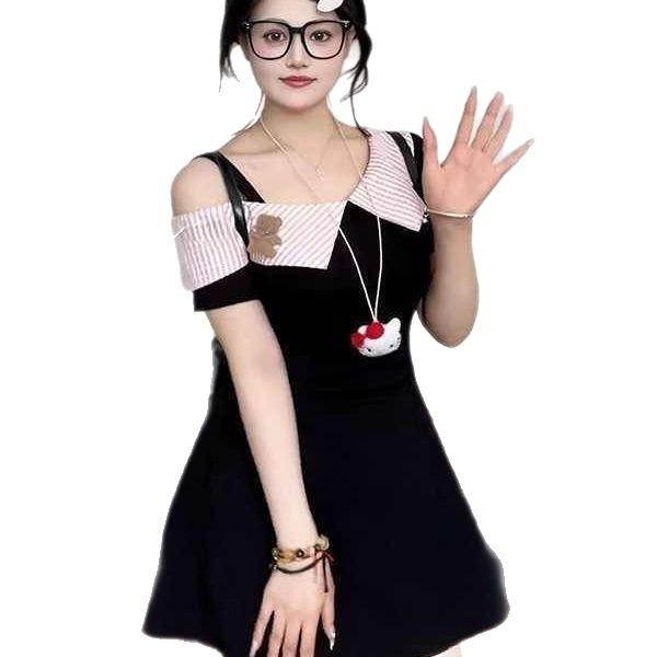 Large Size French Temperament Dress Summer Short Sleeves Fat Mm Thin Waist Lapel Off Shoulder High-end Skirt