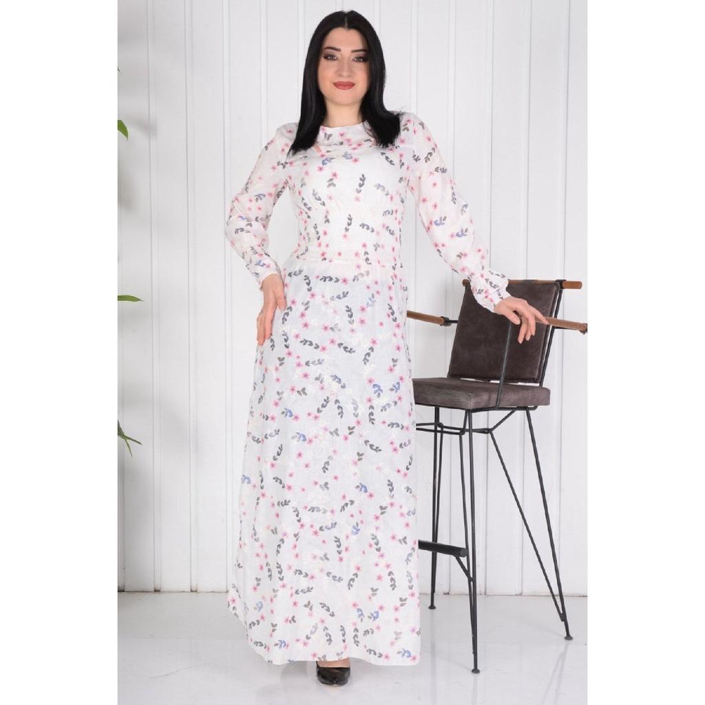 Long Hijab Elastic Waist And Embroidered Dress / Blue Flower Embroidery (brode) Slim Fit Buy A Larger Size