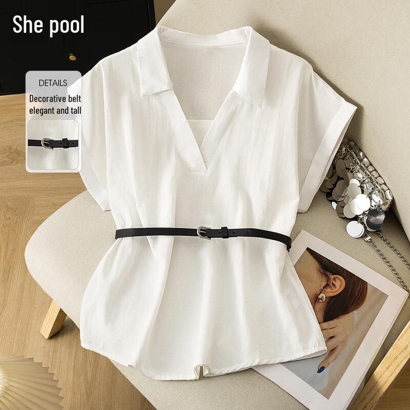 Women s French Style Spliced Loose White Blouse M