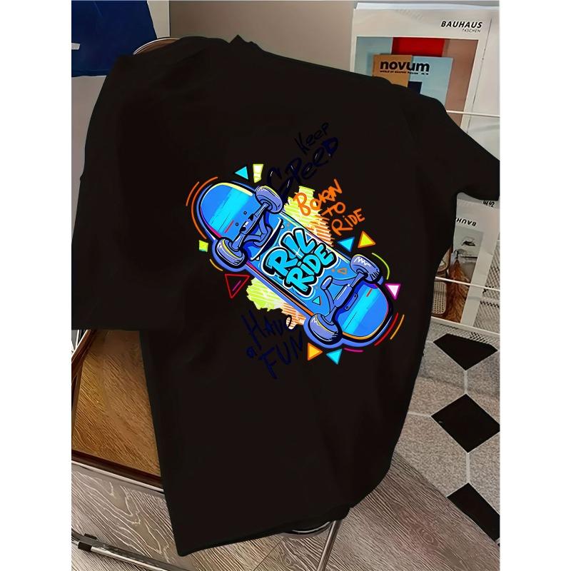 Европейские размеры Детская яркая футболка с рисунком скейтборда  Keep Speed Born to Ride Have Fun , Круглый вырез, Короткий рукав, Ткань средней эластичности 98cm