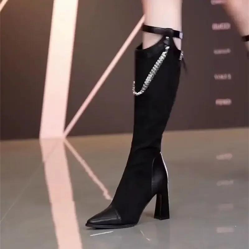 Middle Heel Ladies Knee High Shaft Shoes New In Large Size Warm Footwear Designer Luxury Spring Autumn 2024 Women's Long Boots
