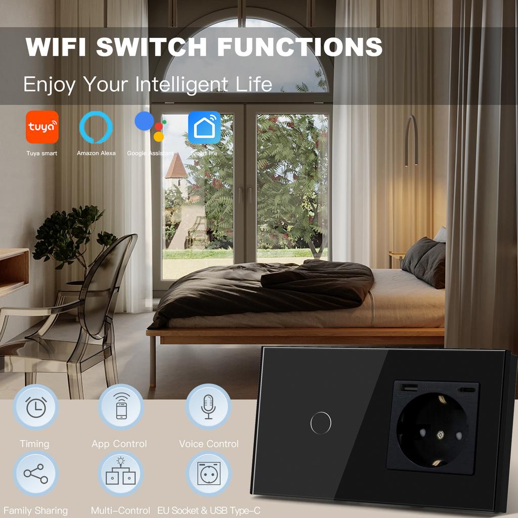 BSEED 1/2/3Gang Wifi Wall Touch Switches 2/3Way Smart Switch With 20W Type-C USB EU Socket Support Tuya Smart Life Google Alexa
