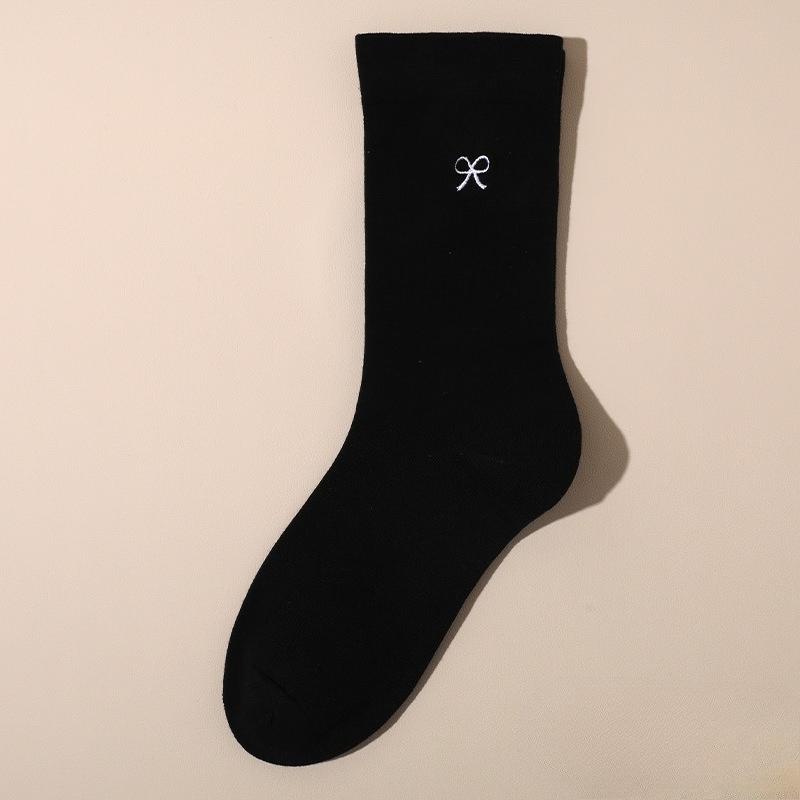

Embroidered Bow Tie Pile Socks Made of Cotton, Anti-bacterial, Odor-resistant, Moisture-absorbent, Breathable Mid-calf Socks, Anti-tear Women s Socks 1 pair чорний