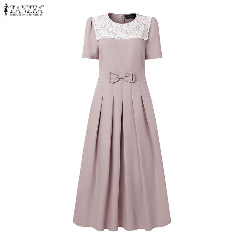 ZANZEA Women Elegant Lace Patchwork Round Neck Casual Short Sleeve Dress