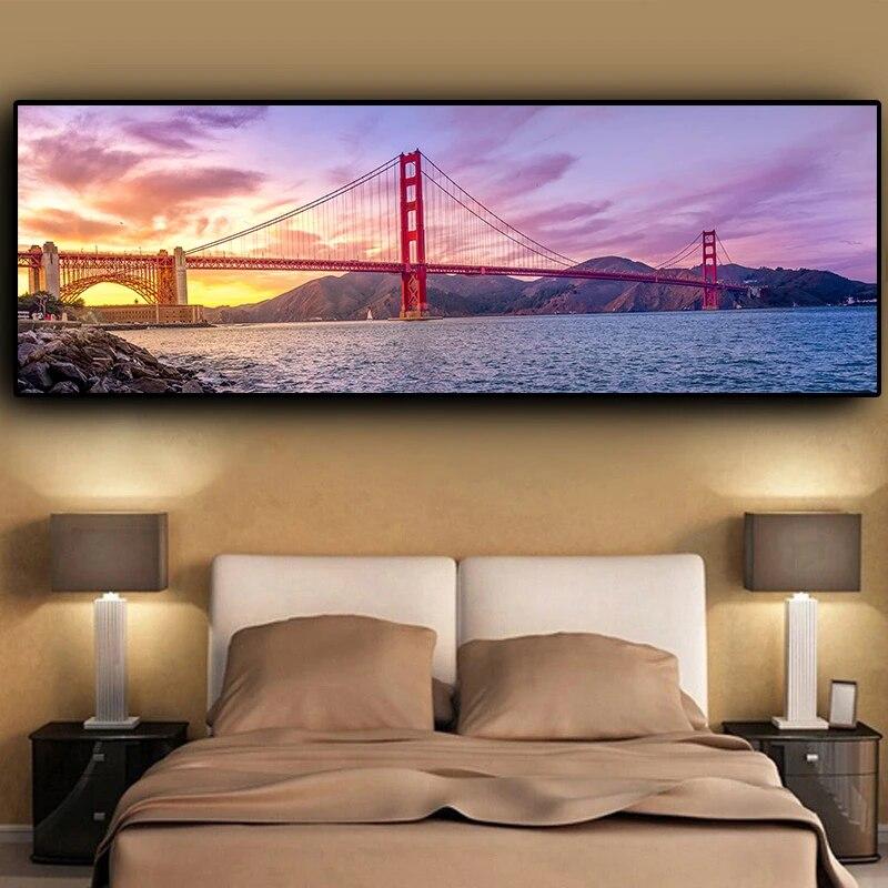 Sunsets Natural Golden Gate Bridge Coast Landscape Building Canvas Painting Posters and Print Wall Art Picture for Living Room No Frame
