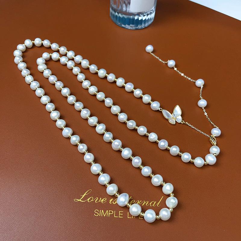 Butterfly Mother-of-Pearl Natural Pearl Necklace with Slight Imperfections, 7-8mm – A Trendsetter s Must-Have Sweater Chain.