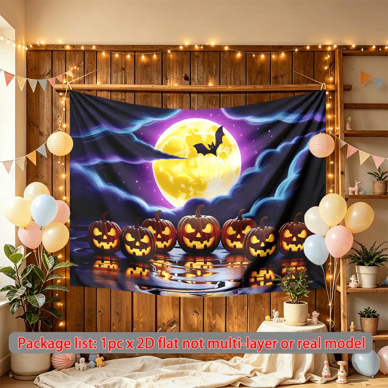 Pumpkins Bat Full Moon Halloween Theme Banner, Multicolor Polyester Backdrop for Wall Hanging & Photo Booth