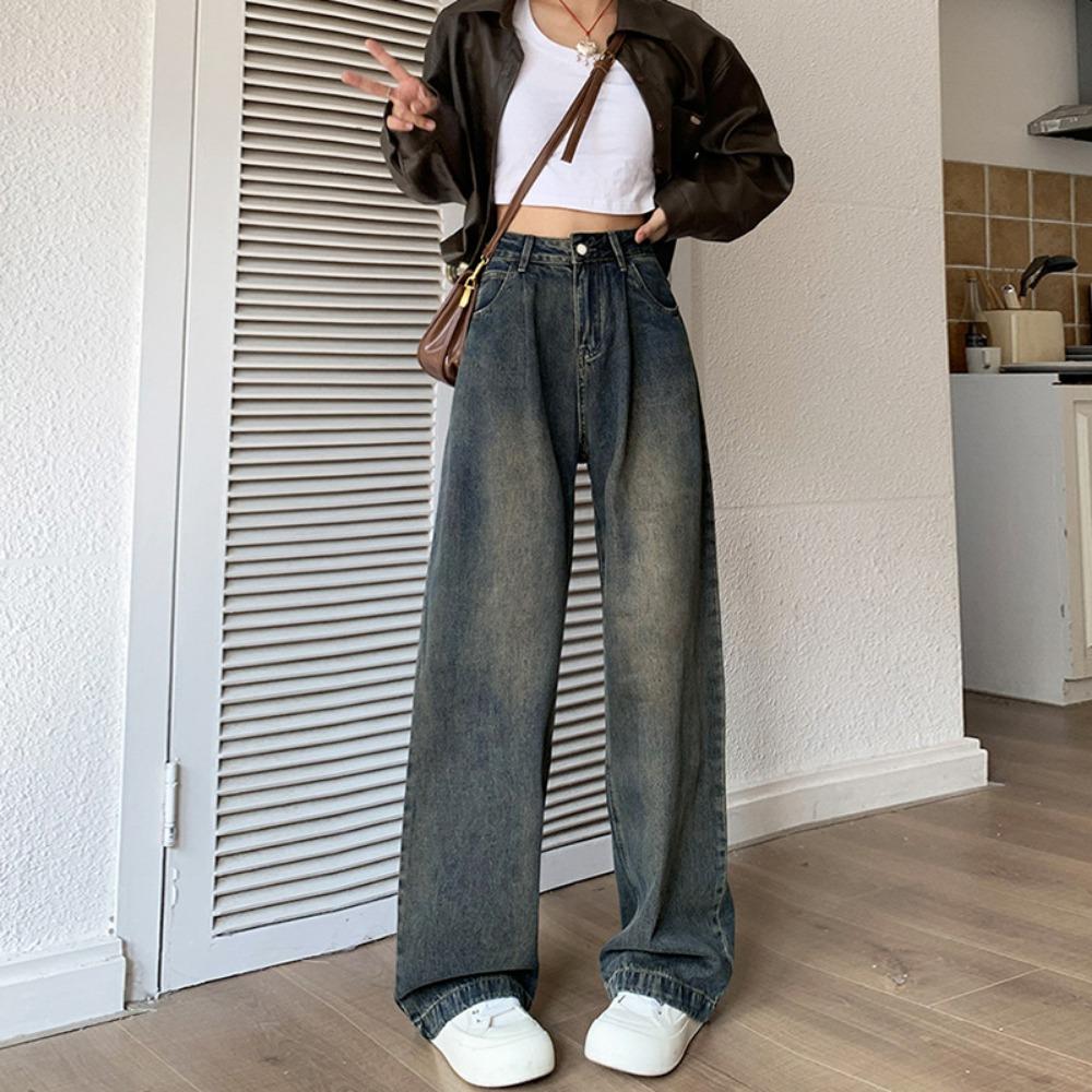 American Retro Wide-leg Jeans Women's Autumn and Winter New Small Cement Gray Loose Straight Jeans