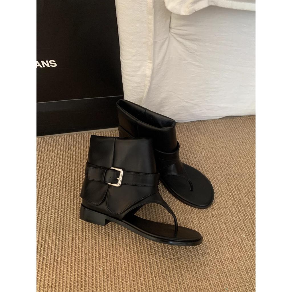 French Roman casual toe sandals women's summer new soft leather fashion belt buckle flat bottom hollow cool boots