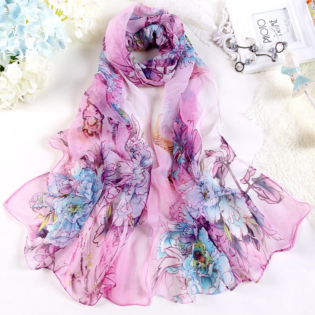 Four Seasons Thin Soft Chiffon Women Peony Flower Printing Beach Silky Georgette Scarf Shawls Long Wraps Beach Sunscreen Hijab