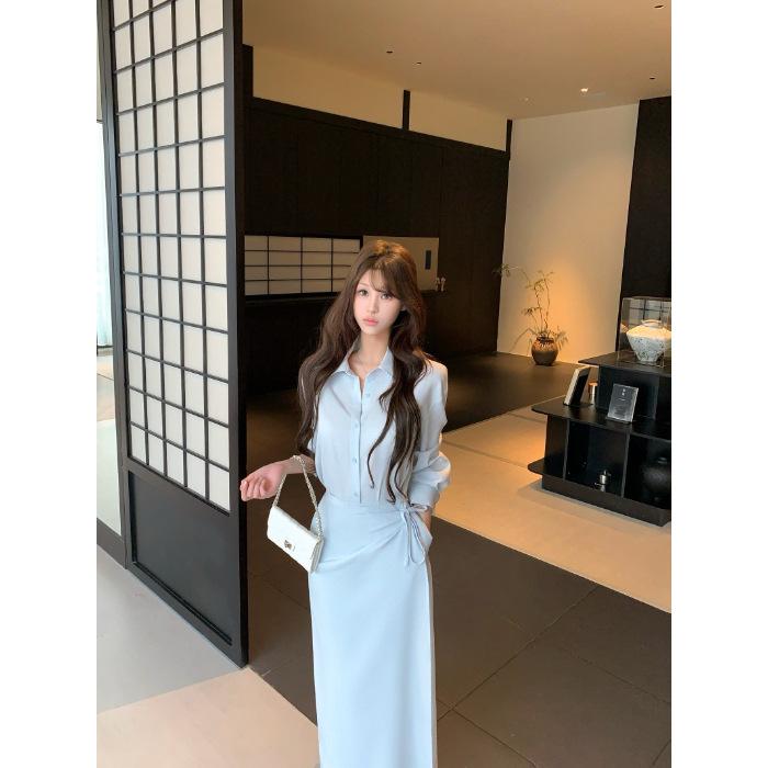 

Korean fake two-piece blue shirt dress women s clothing spring and autumn design sense niche thin waist a-word long skirt S