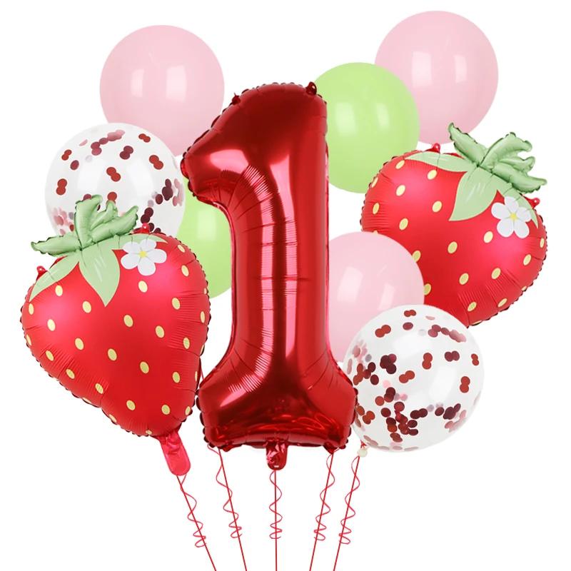 11Pcs 32inch Red 1-9 Years Old Digital Aluminum Film Strawberry Red Polka Dot Balloons Set Birthday Party Baby Shower Supplies