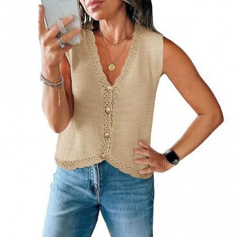Womens V-Neck Sleeveless Knit Cardigan Short Loose Fit Casual Top With Button Front