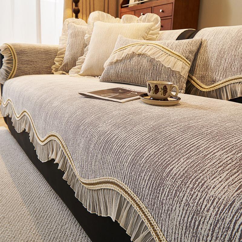 Cream Wind French Special-Shaped Sofa Cushion, New Four-Season Universal, Advanced Sense, Irregular Seat Cushion, Non-Slip Cover, Striped