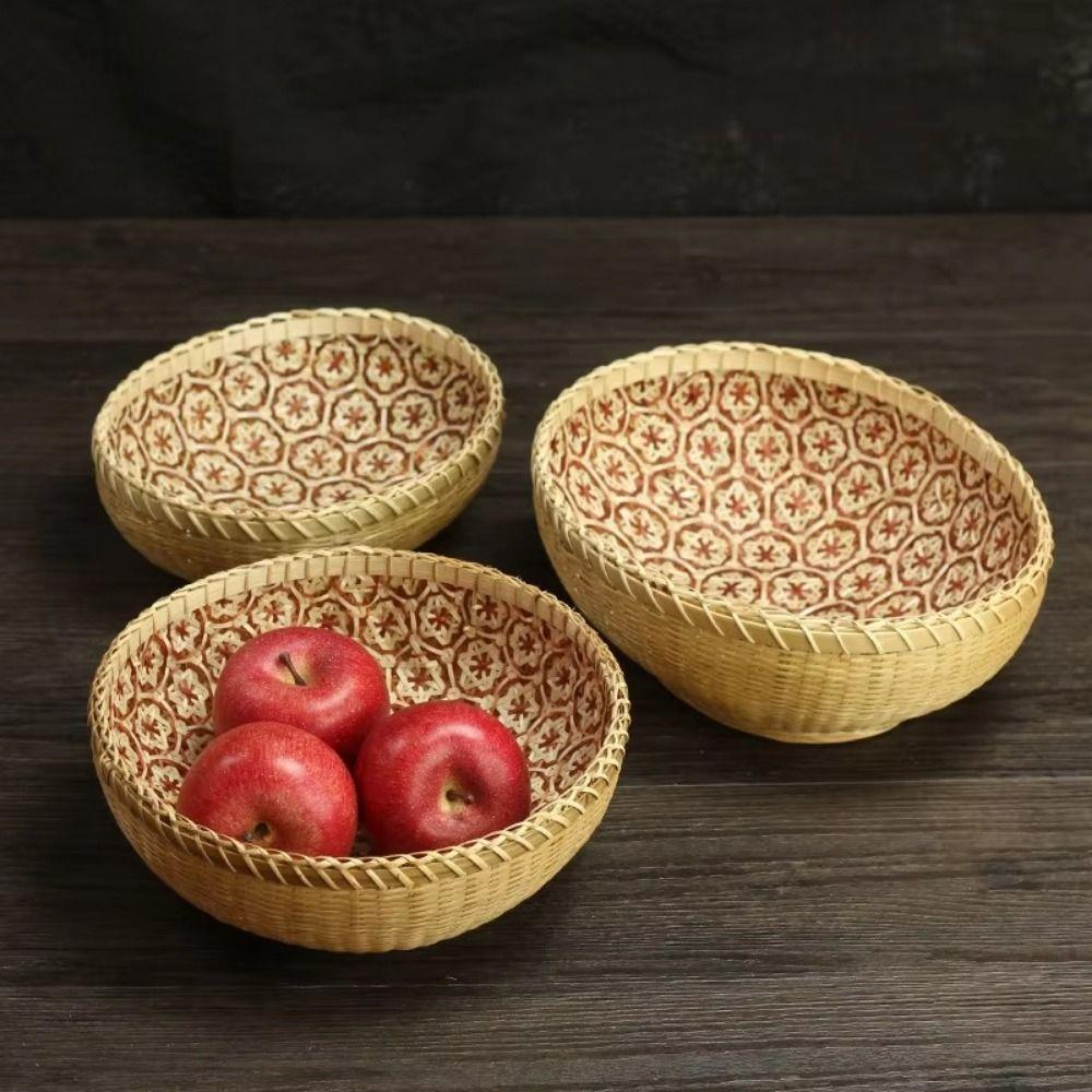 Round Bamboo Storage Basket Sturdy Fruit  Serving Tray High-quality Hand Woven Basket  Office