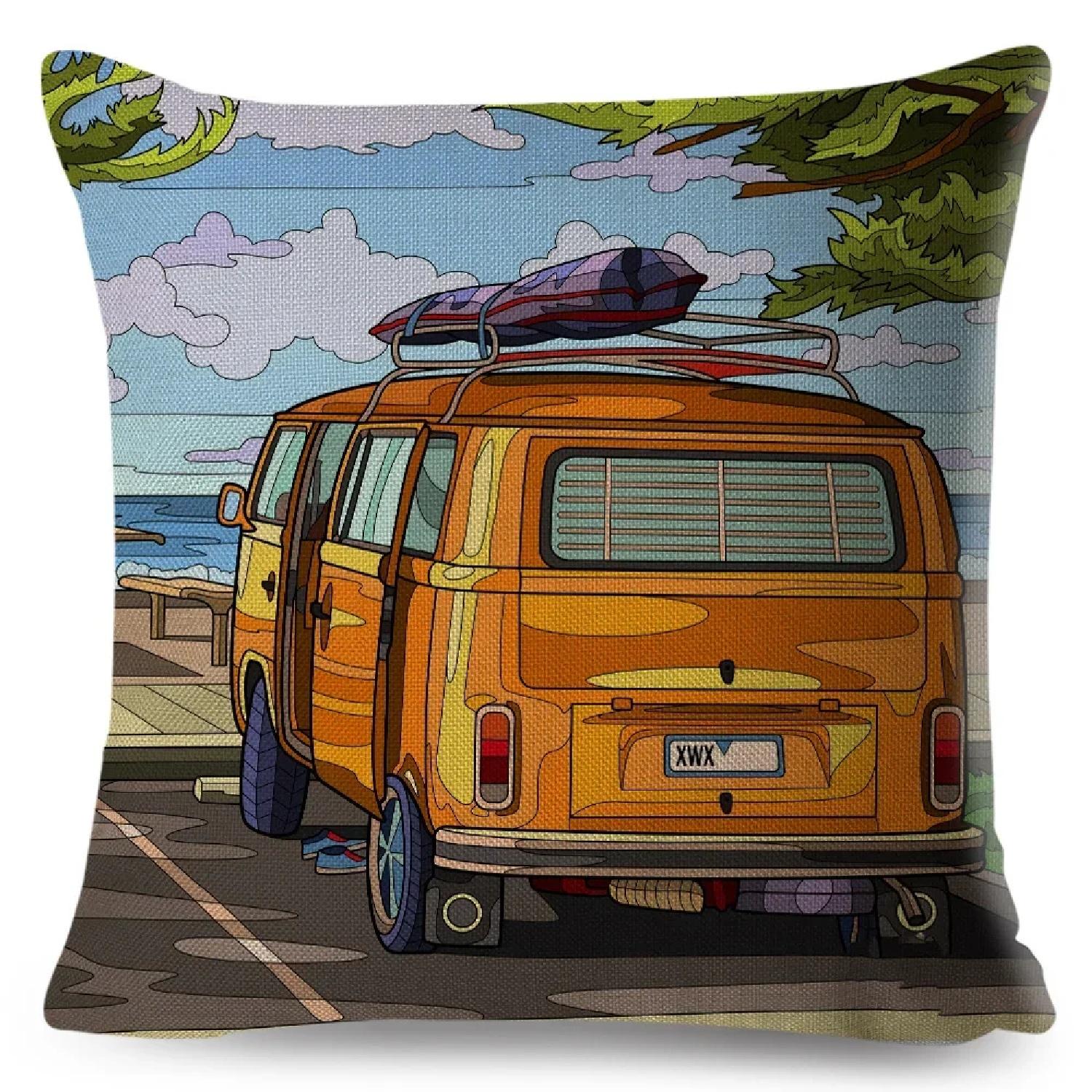 

Both Sides Van Life Pillow Case Decor Happy Camper Cartoon House Travel Car Cushion for Sofa Home Children Room Pillowcase,(4) 66x66cm