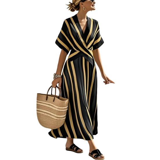 

Summer Maxi Dress for Women Striped Short Sleeve V Neck Swing Dress Casual Beach Vacation Flowy A-line Sundress XXXL чёрный