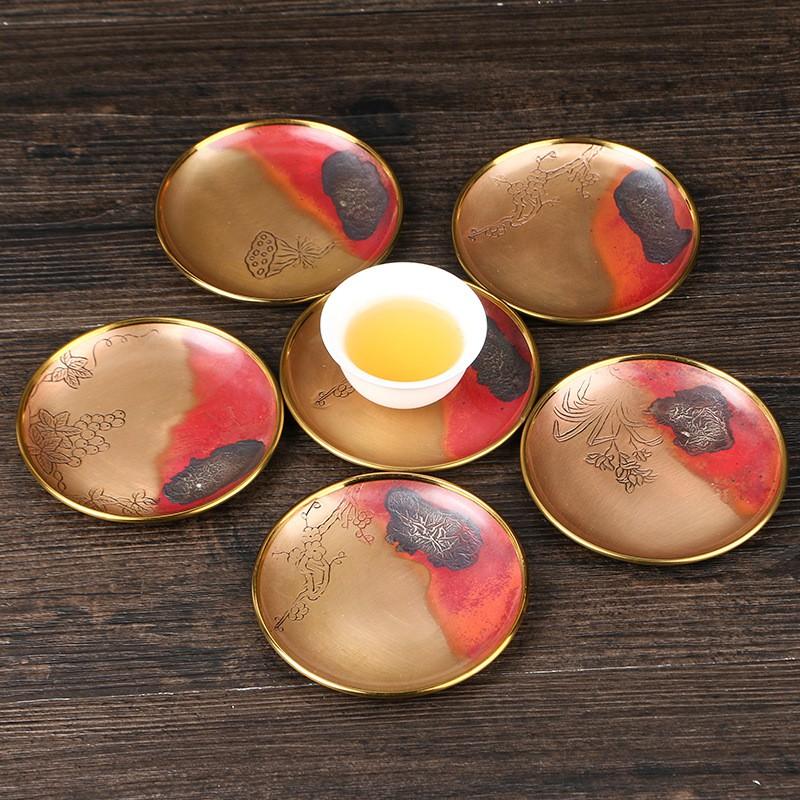 Copper Coaster With Plating Floral Design Heat-Resistant Cup Mat Tea Set Japanese Style