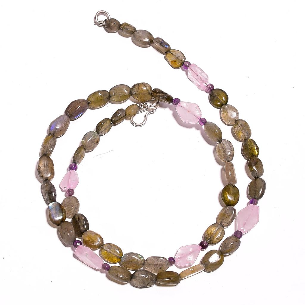 Natural Labradorite Rose Quartz Amethyst Gemstone Beads Necklace 17" UB-2914 UB-2914