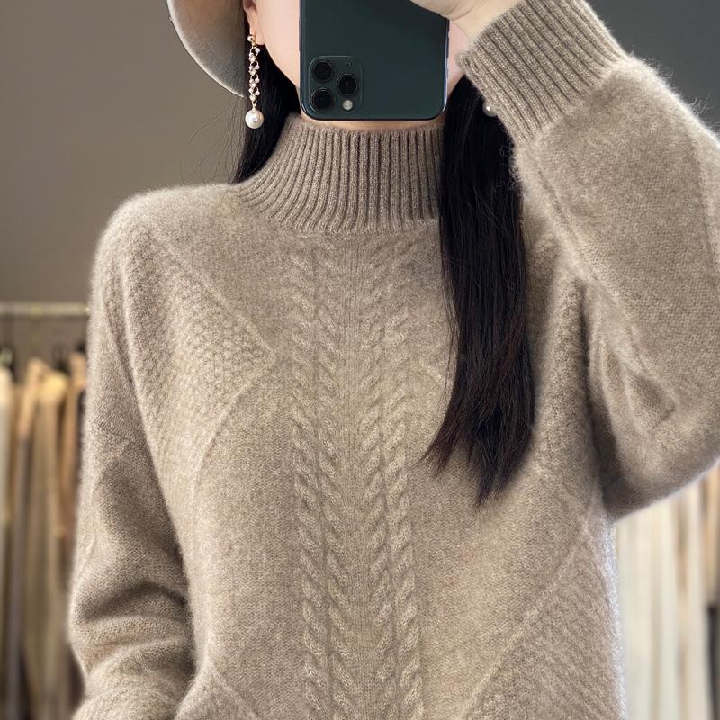 Women's 100% Pure Wool Cable Knit Sweater, Half-High Collar, Loose Pullover, Thick Cashmere Base Layer for Autumn/Winter.