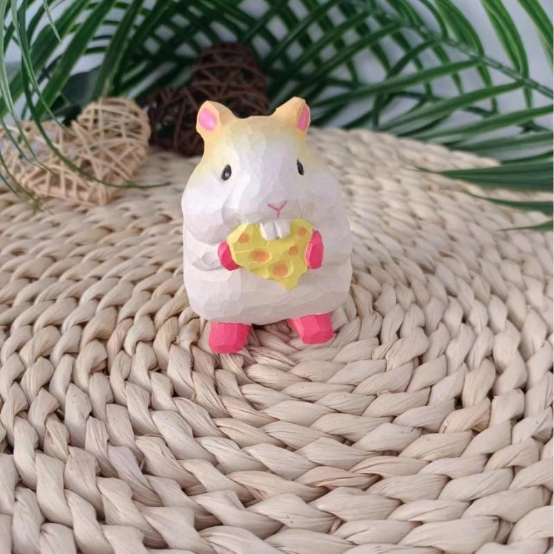 Miniature Foodie Hamster Figurine Fun Wooden Carvings Animal Statue Ornament for Nursery and Bedroom Desktop Decors Gift