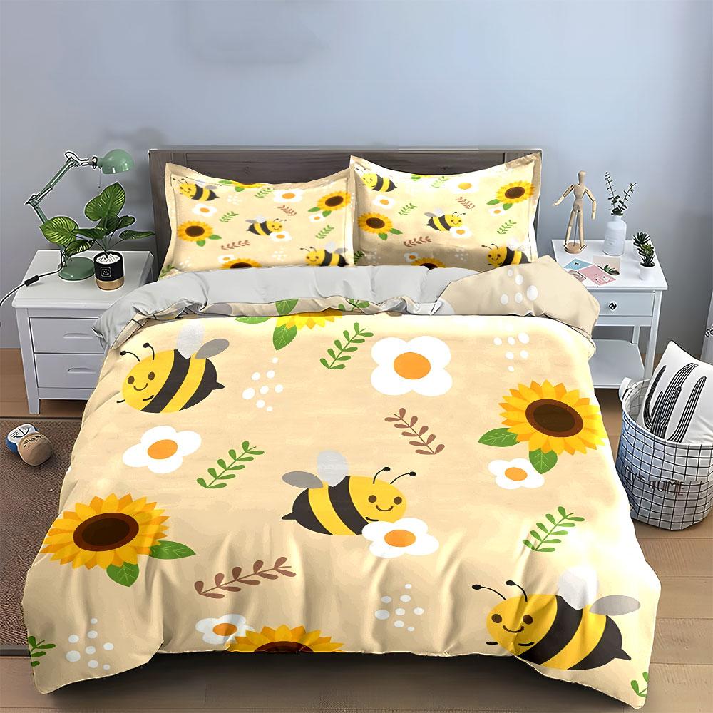 Süße Bienen und Sonnenblumen Aufdruck Bettwäsche Bettbezug Set  (1*Bettbezug 2*Kissenbezüge, ohne Bettdecke)