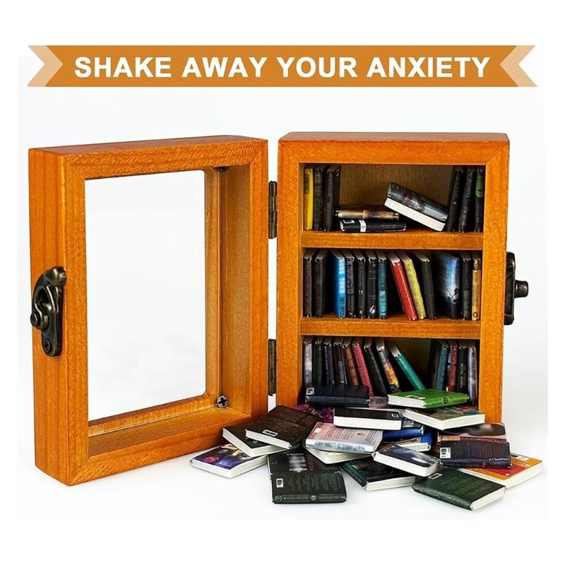Miniature Bookcase with 60 Books Wood Desktop Bookshelf Decoration For Office Workers Stress Teacher Writer Relief