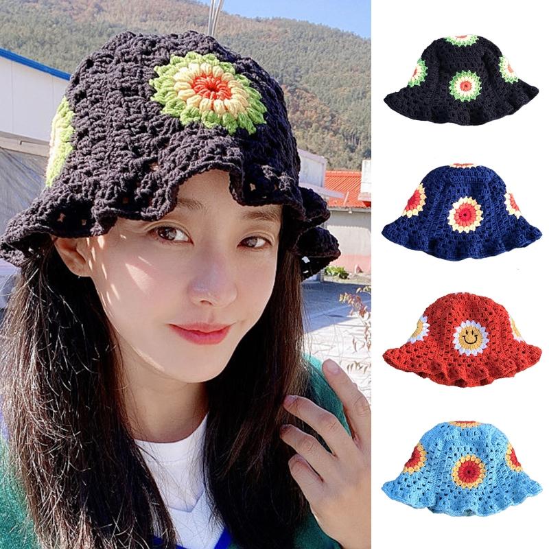 Handmade Crochet Bucket Hat Cute Ladies Outdoor Sports Fisherman Cap for Women Teenagers Casual Spring Summer Sunscreen