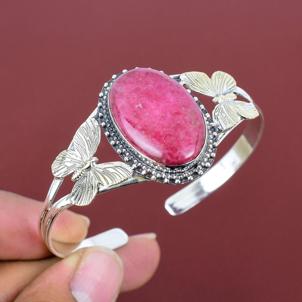 Rhodonite Cuff Bracelet 925 Sterling Silver Adjustable Bangle 18k Gold Plated Bangle Real Gemstone Handmade Jewelry Butterfly Cuff Bracelet