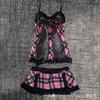 Pink & Black Plaid Lace Trim Cami and Mini Skirt Set
