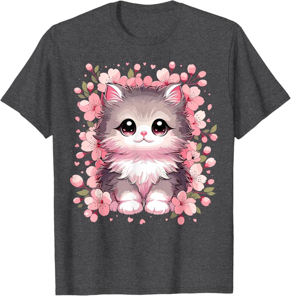 Cute Kawaii Kitten Cherry Blossoms Graphic T-Shirt Soft Cotton Casual Round Neck Tee