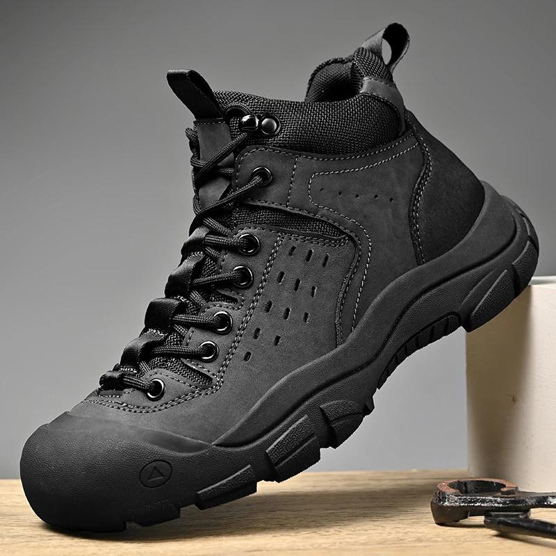 High Quality Mens Outdoor Shoes Non-Slip Hiking Winter Snow Boots Men Genuine Leather Desert Ankle Boots Warm Plush Fur Shoes