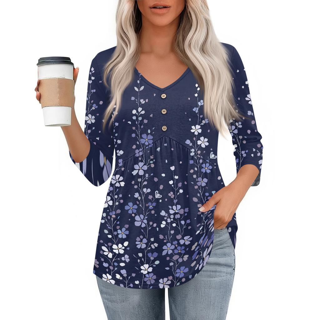 Womens 3/4 Sleeve V Neck Button Detail Floral Print Tunic Top Lightweight Casual Shirt