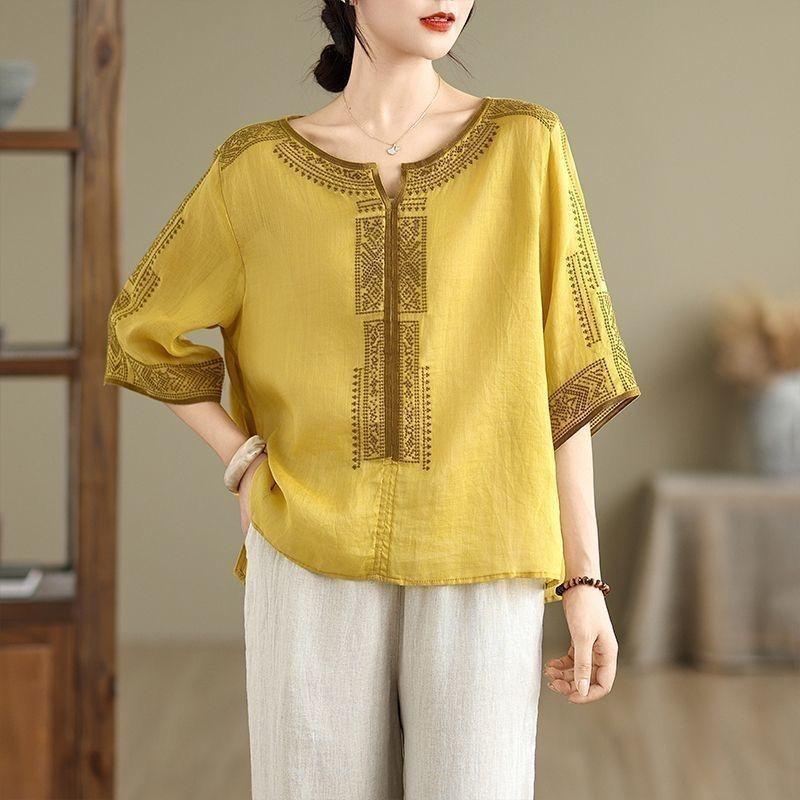 Baumwoll-Leinen-Stickerei V-Ausschnitt Kurzarm T-Shirt Damen Sommer Locker Dünn Mittellang Ärmel Literarisch Künstlerisch Stil Große Größe