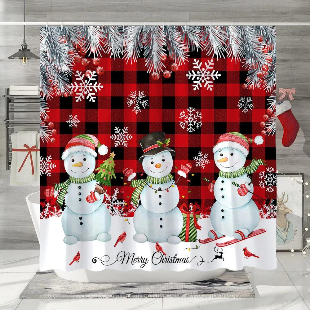 GAEChristmas Shower Curtain Santa Claus Snowman Elf Snowflake Cartoon Winter Rustic Home Polyester Fabric Bathroom Decor