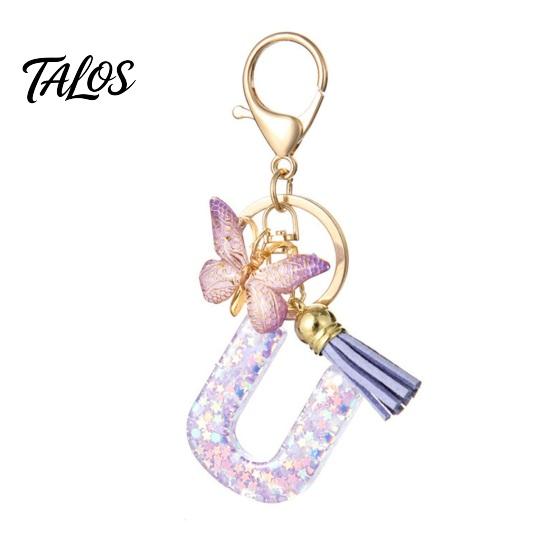 Talos Purple Series Keychain Pendant, Sequins Star Initial Letter Charm Key Chain with Butterfly Tassel Design, A-Z Holder for Bag Purse Backpack