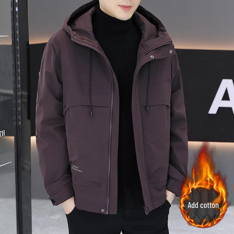 Herrjacka med huva, bomullsfodrad, vindtät, för höst och vinter