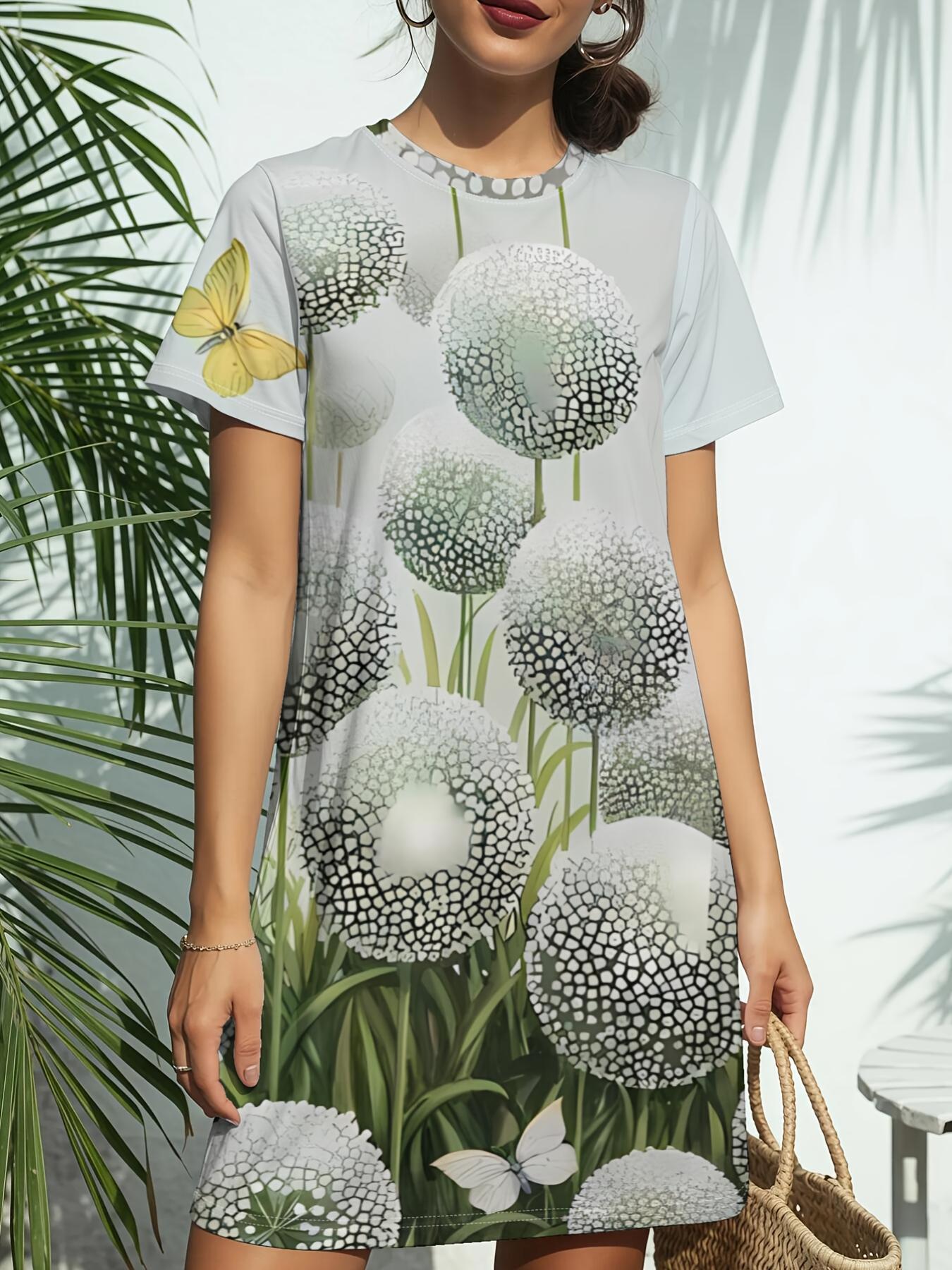 

New Women S Round-Neck Short-Sleeve T-Shirt Dress with Dandelion Print. Featuring American Trendy Digital Printing. Perfect for Casual Spring And Summ 4XL