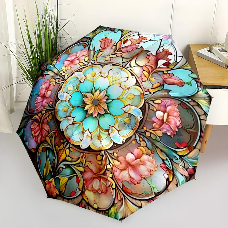 

1pc Stained Glass Mandala Automatic Open/Close Folding Umbrella - Compact 8-Rib Design, Daily Use, Perfect Gift for Friends & Family yy251124217