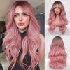 Synthetic Pink Long Wig for Women Middle Part Wig with Dark Root Cosplay Party Halloween Lolita Heat Resistant