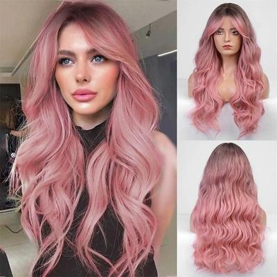 Synthetic Pink Long Wig for Women Middle Part Wig with Dark Root Cosplay Party Halloween Lolita Heat Resistant