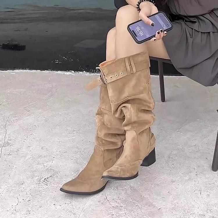 Vintage Maillard Boots Big Tube Skinny Pleated Pile Boots Women's Summer Pointed Thick Heel Khaki Boots