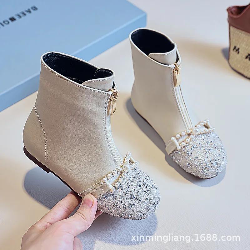 

Autumn New Fashion Child Shoe Princess Stylish Sequined Girl Boots Popular Warm Versatile Girl Shoes Exquisite Casual Ankle Boot 25insole16.2cm бежевый