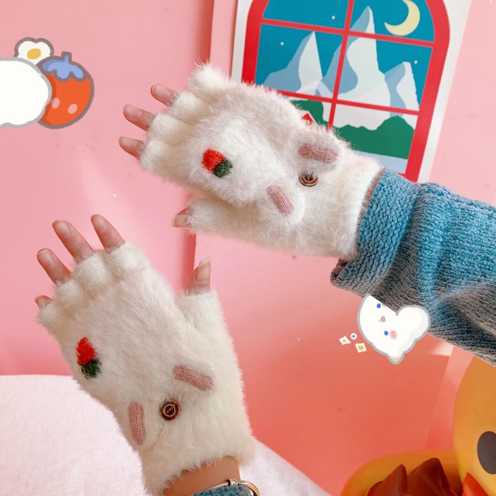 Cute Work For Girls Fingerless Plush Flip Korean Mittens Strawberry Half Finger Gloves Women Gloves