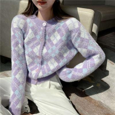 Autumn New Argyle Knitted Cardigans Women Sweaters Kawaii Soft Korean Single-breasted Crop Tops