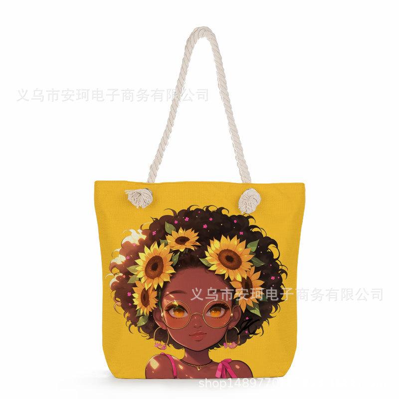 Multifunctional Fairy Tale Style Printed Thick Rope Shoulder Beach Bag Casual Large Capacity Handbag 0106 CLE