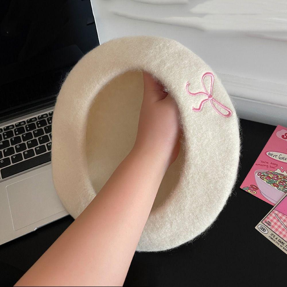 

Big Head Circumference Bow Beret Hat Solid Color Women Octagonal Cap Woolen Painter Hat Daily розовый