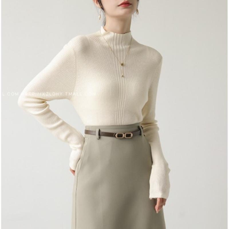 Women's Knitted Sweater Autumn/Winter New Style Apricot Long Sleeve Half High Collar Bottom Shirt